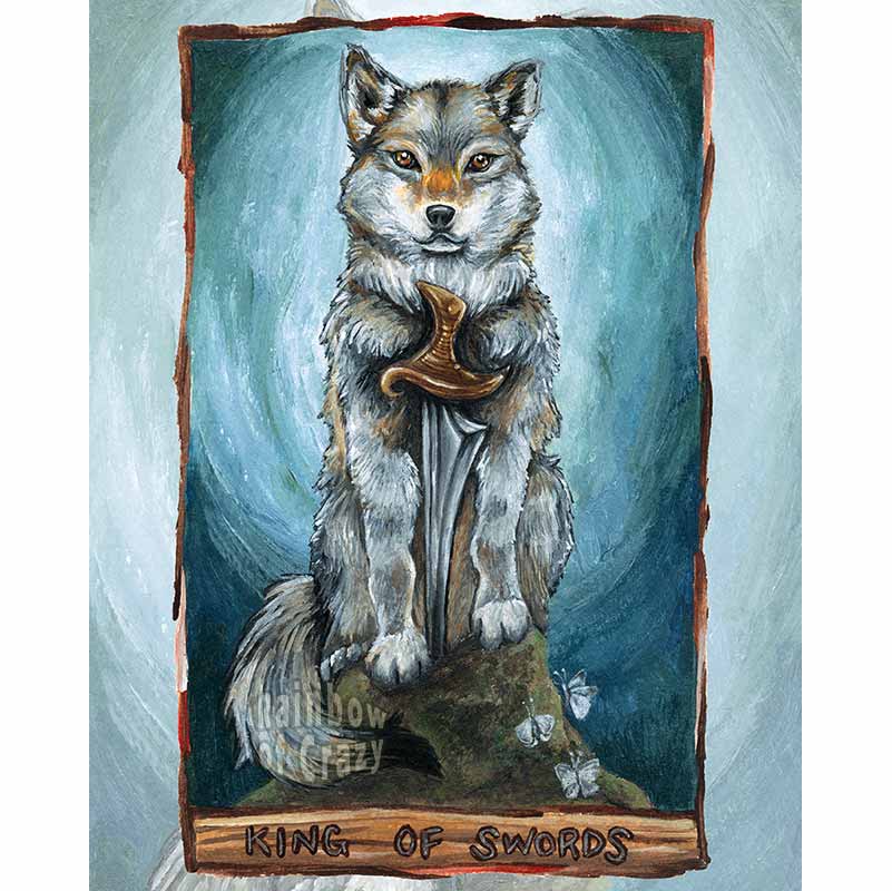 An art print of the King of Swords from the Animism Tarot. It features a grey wolf sitting on the top of a cliff, with a sword set in front of him.