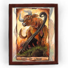 Load image into Gallery viewer, An art print of the king of wands from the animism tarot. A Highland bull stands tall atop a hill, next to a winding tree.
