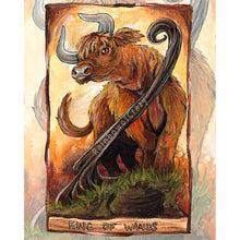 Load image into Gallery viewer, An art print of the king of wands from the animism tarot. A Highland bull stands tall atop a hill, next to a winding tree. 
