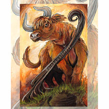 Load image into Gallery viewer, An art print of the king of wands from the animism tarot. A Highland bull stands tall atop a hill, next to a winding tree. 
