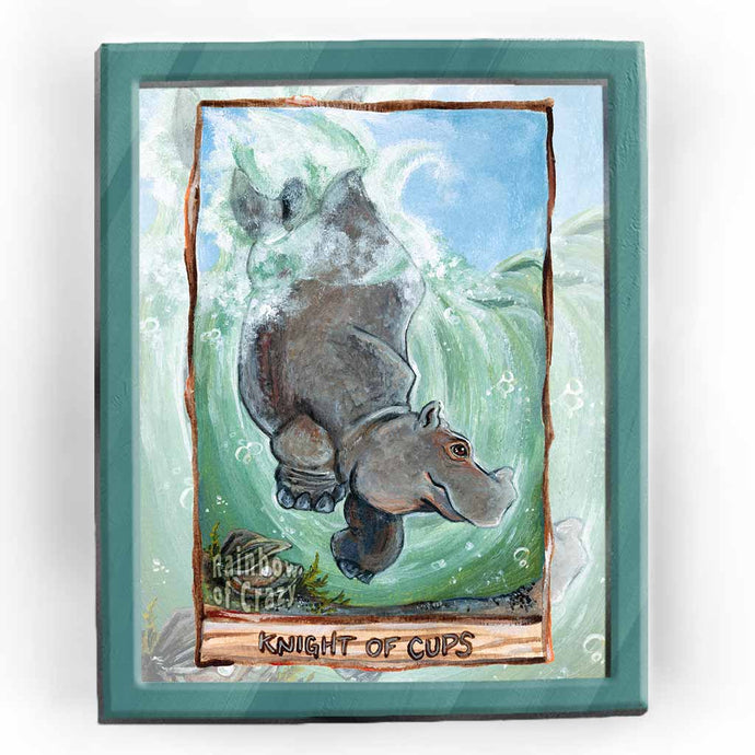  an art print of the knight of cups, from the Animism tarot: a hippopotamus dives into the water, swimming past an open oyster.