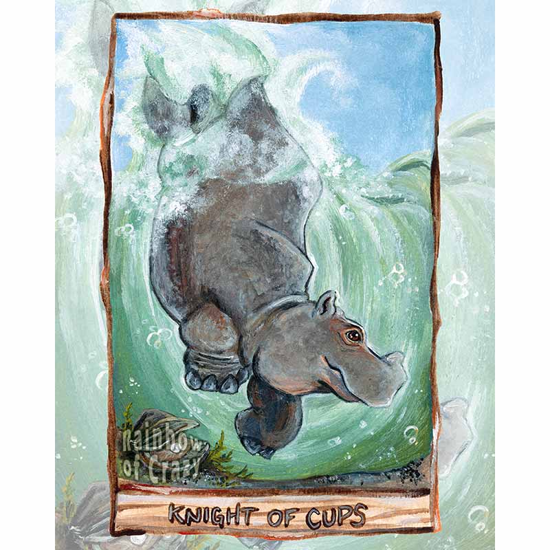 an art print of the knight of cups, from the Animism tarot: a hippopotamus dives into the water, swimming past an open oyster.