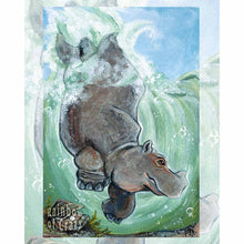 Load image into Gallery viewer, an art print of the knight of cups, from the Animism tarot: a hippopotamus dives into the water, swimming past an open oyster.
