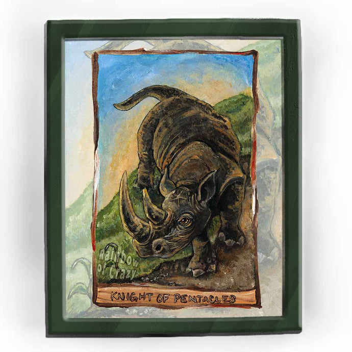Art print of the knight of pentacles card, from the Animism tarot: a black rhinoceros comes down from a hill.