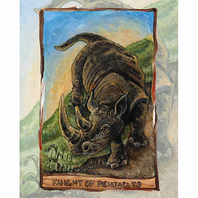 Art print of the knight of pentacles card, from the Animism tarot: a black rhinoceros comes down from a hill. 