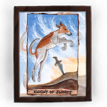 Load image into Gallery viewer, Art print of the Knight of Swords card from the Animism Tarot: a greyhound leaps through the air. A single sword stands in the distance.
