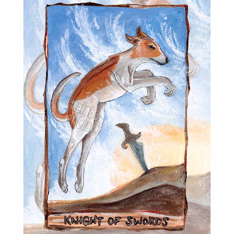 Art print of the Knight of Swords card from the Animism Tarot: a greyhound leaps through the air. A single sword stands in the distance.