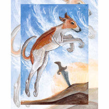 Load image into Gallery viewer, Art print of the Knight of Swords card from the Animism Tarot: a greyhound leaps through the air. A single sword stands in the distance.
