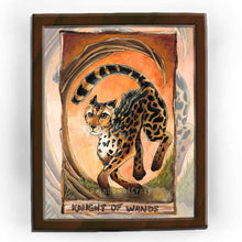 Load image into Gallery viewer, an art print of the knight of wands card, from the Animism Tarot: a king cheetah races through the land. a twisted tree sits nearby
