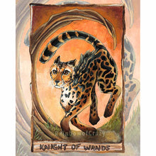 Load image into Gallery viewer, an art print of the knight of wands card, from the Animism Tarot: a king cheetah races through the land. a twisted tree sits nearby
