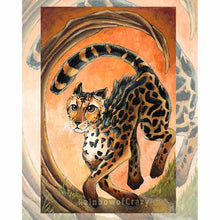 Load image into Gallery viewer, an art print of the knight of wands card, from the Animism Tarot: a king cheetah races through the land. a twisted tree sits nearby
