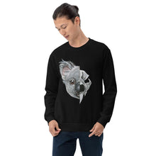 Load image into Gallery viewer, A man is wearing a unisex sweatshirt in the colour black, printed with an illustration split into two: the left side features the face of a koala bear, and the right side features an evil looking koala skull.
