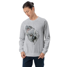 Load image into Gallery viewer, A man is wearing a unisex sweatshirt in the colour sport grey, printed with art split into two: the left side features the face of a koala bear, and the right side features an evil looking koala skull.
