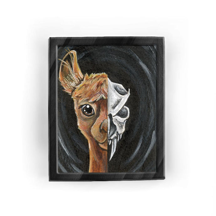 This art print features a split image: the left side features a cute portrait of a llama, while the right side features a darker, stylized llama skull.
