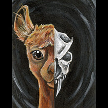Load image into Gallery viewer, This art print features a split image: the left side features a cute portrait of a llama, while the right side features a darker, stylized llama skull.
