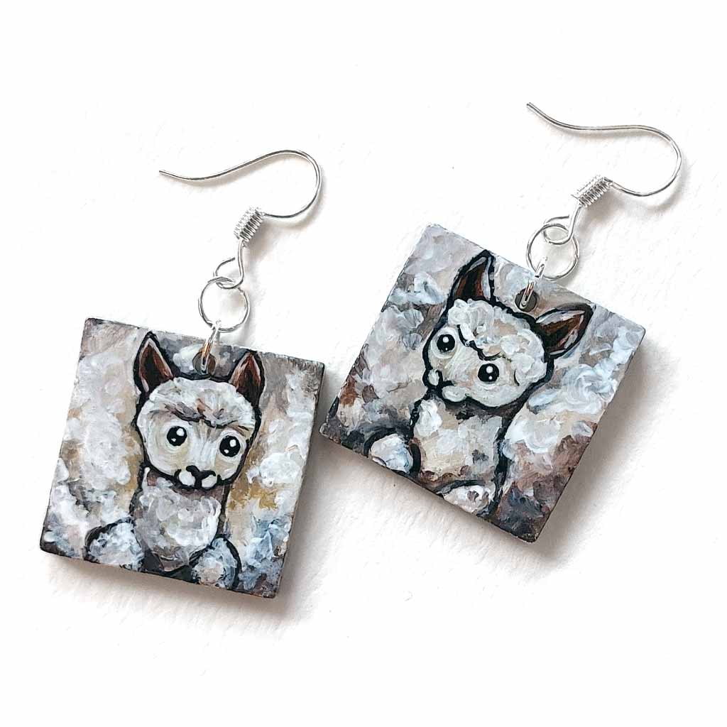 square wood fish hook earrings, hand painted with llama art
