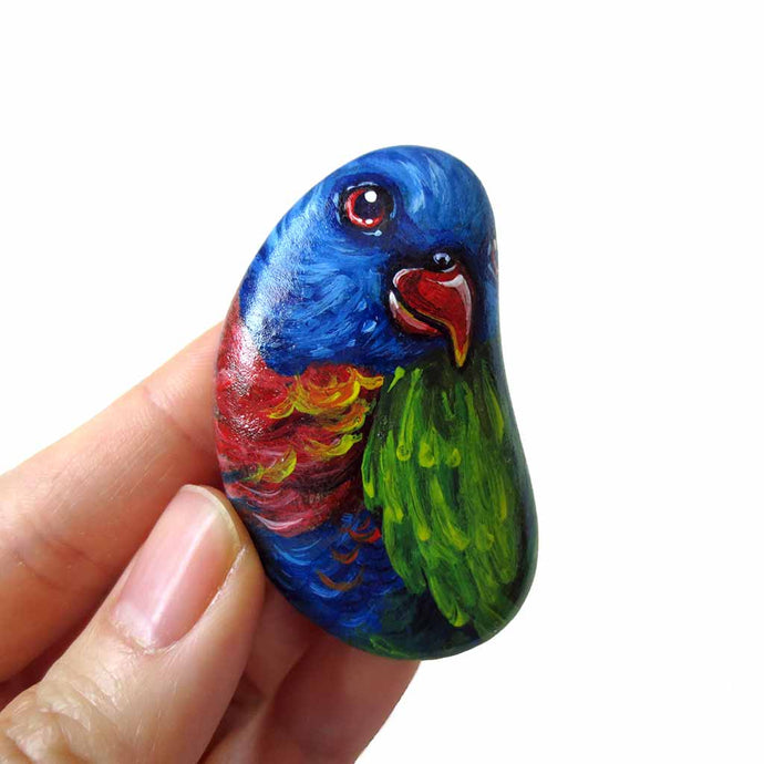 small rock art, hand painted with a rainbow lorikeet bird with red eyes