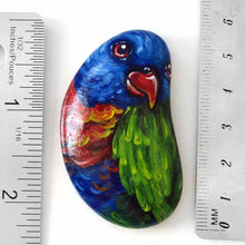 Load image into Gallery viewer, small rock art, hand painted with a rainbow lorikeet bird with red eyes
