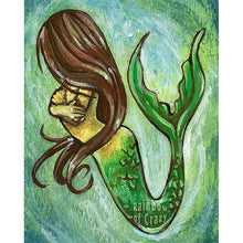 Load image into Gallery viewer, An art print featuring an illustration of a mermaid with her face hidden behind long, brown hair.

