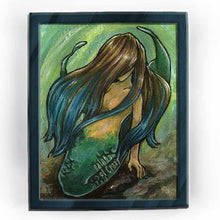 Load image into Gallery viewer, an art print featuring an illustration of a mermaid, faced hidden by her brown and blue hair
