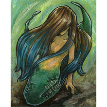 Load image into Gallery viewer, an art print featuring an illustration of a mermaid, faced hidden by her brown and blue hair
