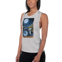 Load image into Gallery viewer, A woman is wearing the Women&#39;s Muscle Tank Top, in the colour athletic heather grey, which is printed with an image of The Moon tarot card from the Animism Tarot
