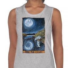 Load image into Gallery viewer, A woman is wearing the Women&#39;s Muscle Tank Top, in the colour athletic heather grey, which is printed with an image of The Moon tarot card from the Animism Tarot

