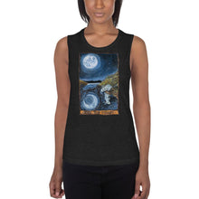 Load image into Gallery viewer, A woman is wearing the Women&#39;s Muscle Tank Top, in the colour black heather, which is printed with an illustration of The Moon tarot card from the Animism Tarot
