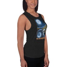 Load image into Gallery viewer, A woman is wearing the Women&#39;s Muscle Tank Top, in the colour black heather, which is printed with art of The Moon tarot card from the Animism Tarot
