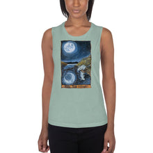 Load image into Gallery viewer, A woman is wearing the Women&#39;s Muscle Tank Top, in the colour dusty blue, which is printed with art of The Moon tarot card from the Animism Tarot
