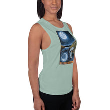 Load image into Gallery viewer, A woman is wearing the Women&#39;s Muscle Tank Top, in the colour dusty blue, which is printed with artwork of The Moon tarot card from the Animism Tarot
