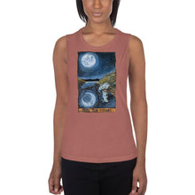 Load image into Gallery viewer, A woman is wearing the Women&#39;s Muscle Tank Top, in the colour mauve, which is printed with artwork of The Moon tarot card from the Animism Tarot

