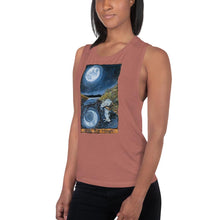 Load image into Gallery viewer, A woman is wearing the Women&#39;s Muscle Tank Top, in the colour mauve, which is printed with artwork of The Moon tarot card from the Animism Tarot
