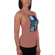 Load image into Gallery viewer, A woman is wearing the Women&#39;s Muscle Tank Top, in the colour mauve, which is printed with the illustration of The Moon tarot card from the Animism Tarot
