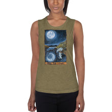Load image into Gallery viewer, A woman is wearing the Women&#39;s Muscle Tank Top, in the colour olive green, which is printed with the illustration of The Moon tarot card from the Animism Tarot
