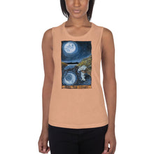 Load image into Gallery viewer, A woman is wearing the Women&#39;s Muscle Tank Top, in the colour peach, which is printed with art of The Moon tarot card from the Animism Tarot
