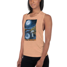 Load image into Gallery viewer, A woman is wearing the Women&#39;s Muscle Tank Top, in the colour peach, which is printed with art of The Moon tarot card from the Animism Tarot
