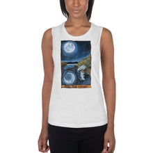 Load image into Gallery viewer, A woman is wearing the Women&#39;s Muscle Tank Top, in the colour white, which is printed with art of The Moon tarot card from the Animism Tarot
