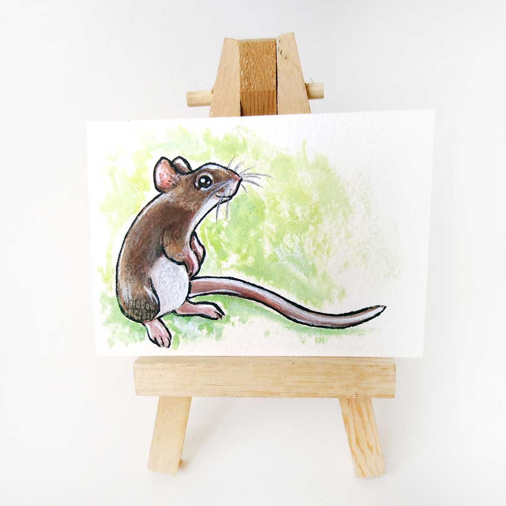 ACEO art, painted with acrylic pain on watercolour paper, of a little brown mouse standing up on its hind legs.
