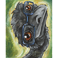 Load image into Gallery viewer, an art print featuring a painting of an emu&#39;s face wearing blue eyeglasses.
