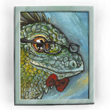 Load image into Gallery viewer, Art print of an iguana wearing black glasses and a red bow tie.
