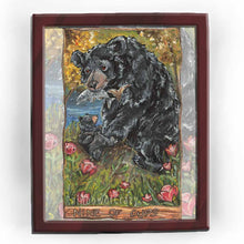 Load image into Gallery viewer, Art print of the nine of cups from the Animism tarot: a black bear holds a fish in her mouth, while her baby bear looks up eagerly. none wine cup flowers surround them.
