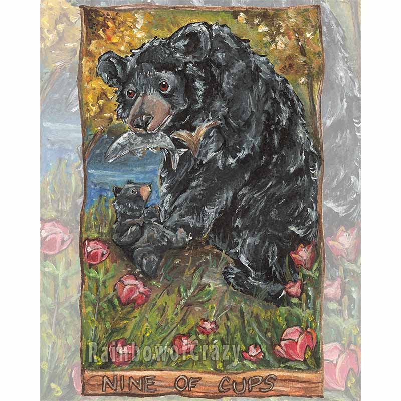Art print of the nine of cups from the Animism tarot: a black bear holds a fish in her mouth, while her baby bear looks up eagerly. none wine cup flowers surround them.