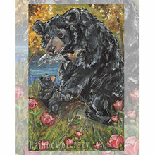 Load image into Gallery viewer, Art print of the nine of cups from the Animism tarot: a black bear holds a fish in her mouth, while her baby bear looks up eagerly. none wine cup flowers surround them.
