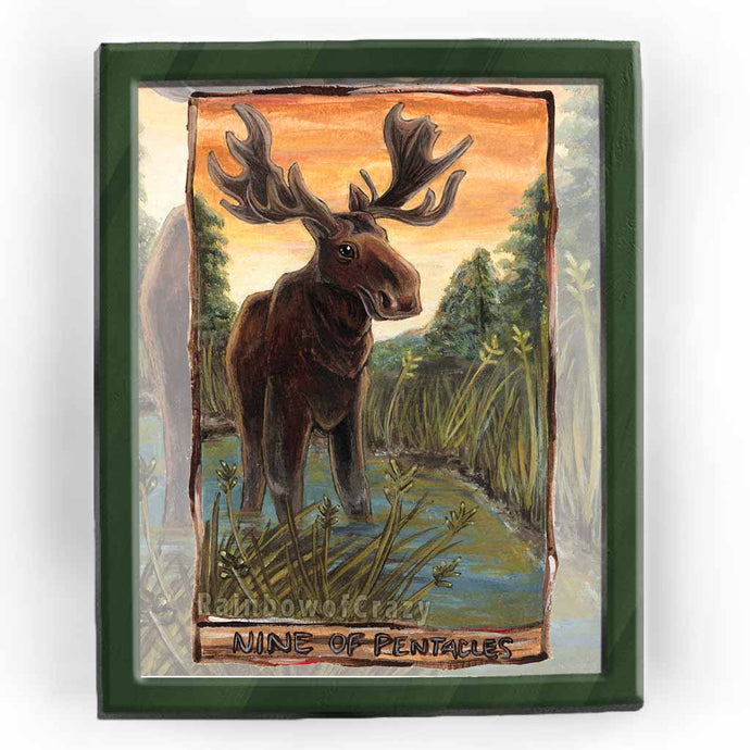  art print of the nine of Pentacles, from the Animism tarot: a moose stands tall in the Canadian wilderness, surrounded by weeds, reeds and trees against a sunset sky