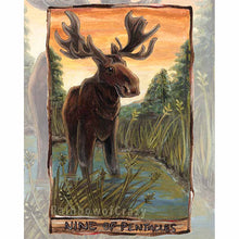 Load image into Gallery viewer, art print of the nine of Pentacles, from the Animism tarot: a moose stands tall in the Canadian wilderness, surrounded by weeds, reeds and trees against a sunset sky
