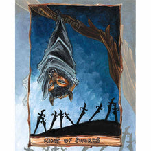 Load image into Gallery viewer, An art print of the Nine of Swords card from the Animism Tarot. It features a flying fox bat hanging from a tree at night, while nine swords stand below.
