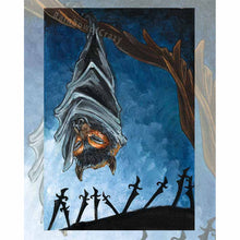 Load image into Gallery viewer, An art print of the Nine of Swords card from the Animism Tarot. It features a flying fox bat hanging from a tree at night, while nine swords stand below.
