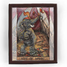 Load image into Gallery viewer,  an art print of the nine of wands tarot card, from the aimism tarot: an circus elephant breaks free from its chains, holding up several circus flags, seeking freedom.
