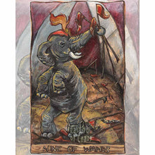 Load image into Gallery viewer, an art print of the nine of wands tarot card, from the aimism tarot: an circus elephant breaks free from its chains, holding up several circus flags, seeking freedom.
